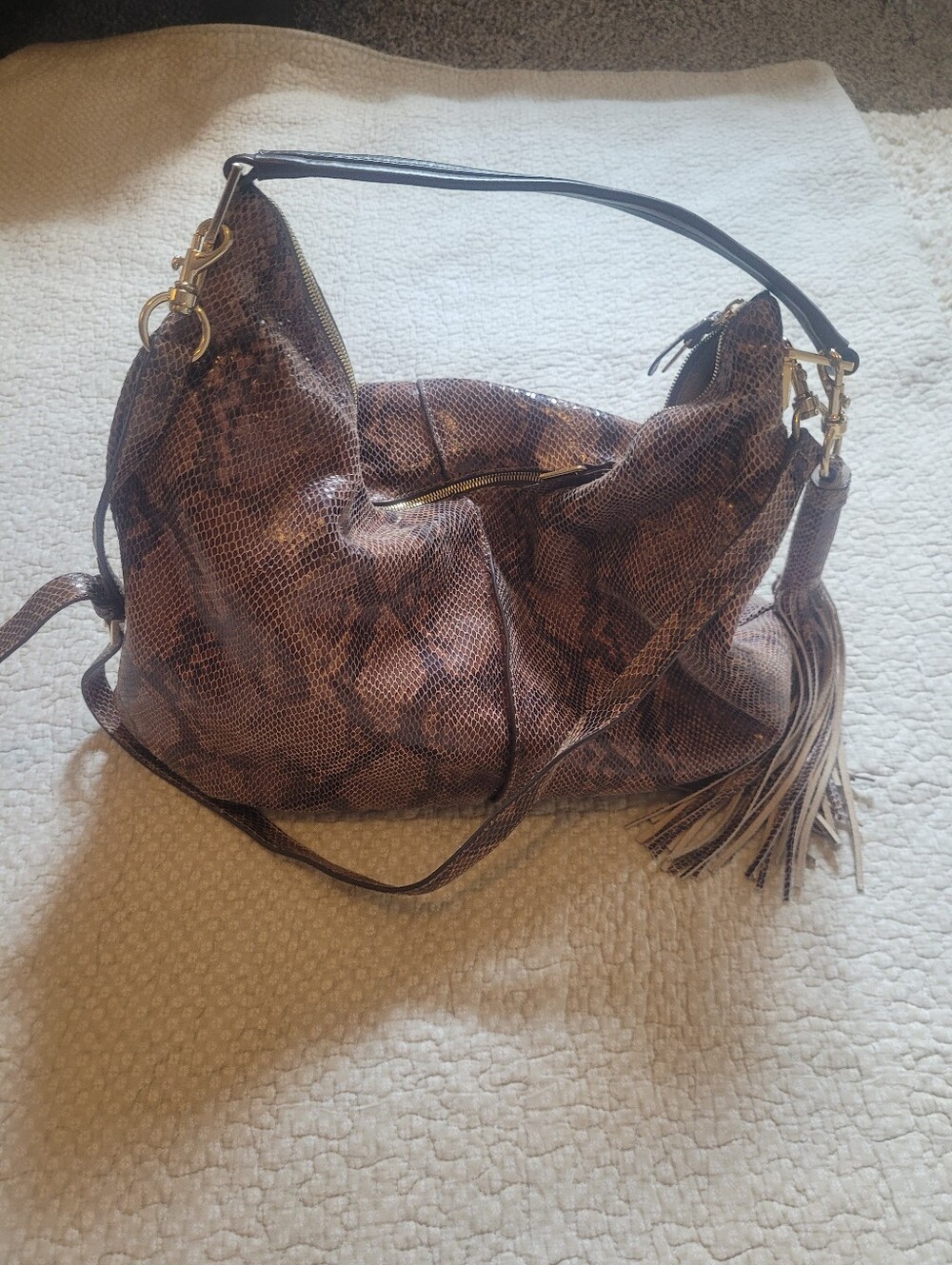 G.I.L.I. Brown Snake-Print Hobo Bag with Tassel